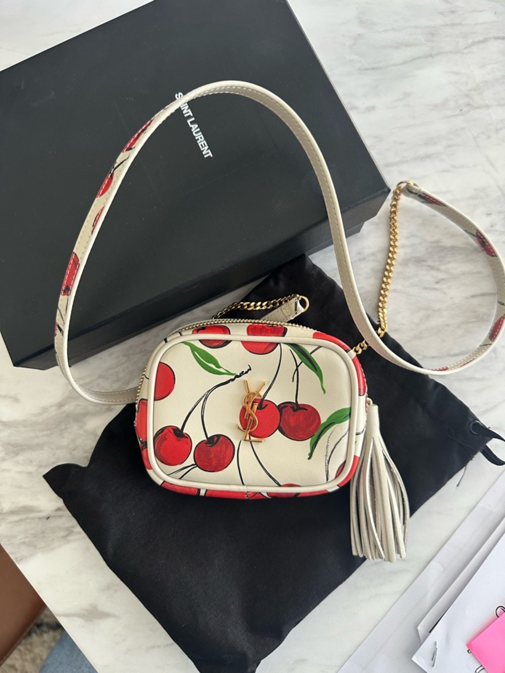 Saint Laurent Baby Calfskin Cream and Red Cherry Lou Camera Crossbody Bag